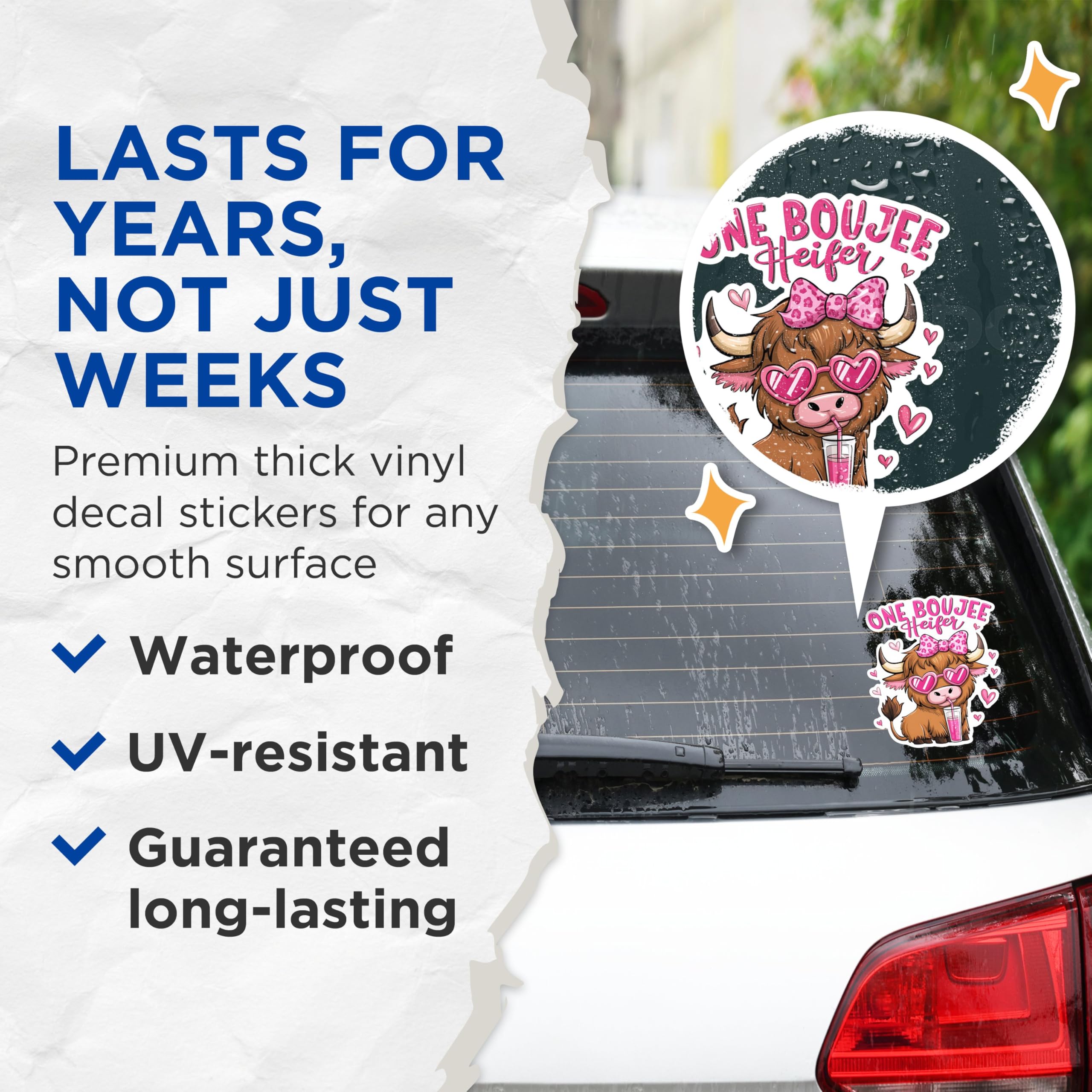 (2 Pack) One Boujee Heifer Stickers - Funny Cow Stickers - Cute Animal Stickers - 5" On Longest Side - Sticks to Any Smooth Flat Surface - Made in USA - BMCS3022
