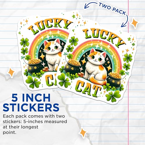 (2 Pack) Lucky Cat Stickers - Rainbow Cute Cat Design - 5" On Longest Side - Sticks to Smooth Flat Surfaces - Made in USA - BMCS8095