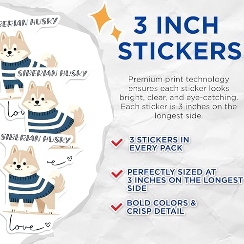 (3 Pack) Siberian Husky Decals - Dog Breed - Cute Dog Decals - 3 Inches On Longest Side - Easy Peel & Apply - Made in USA - 3MCS6074