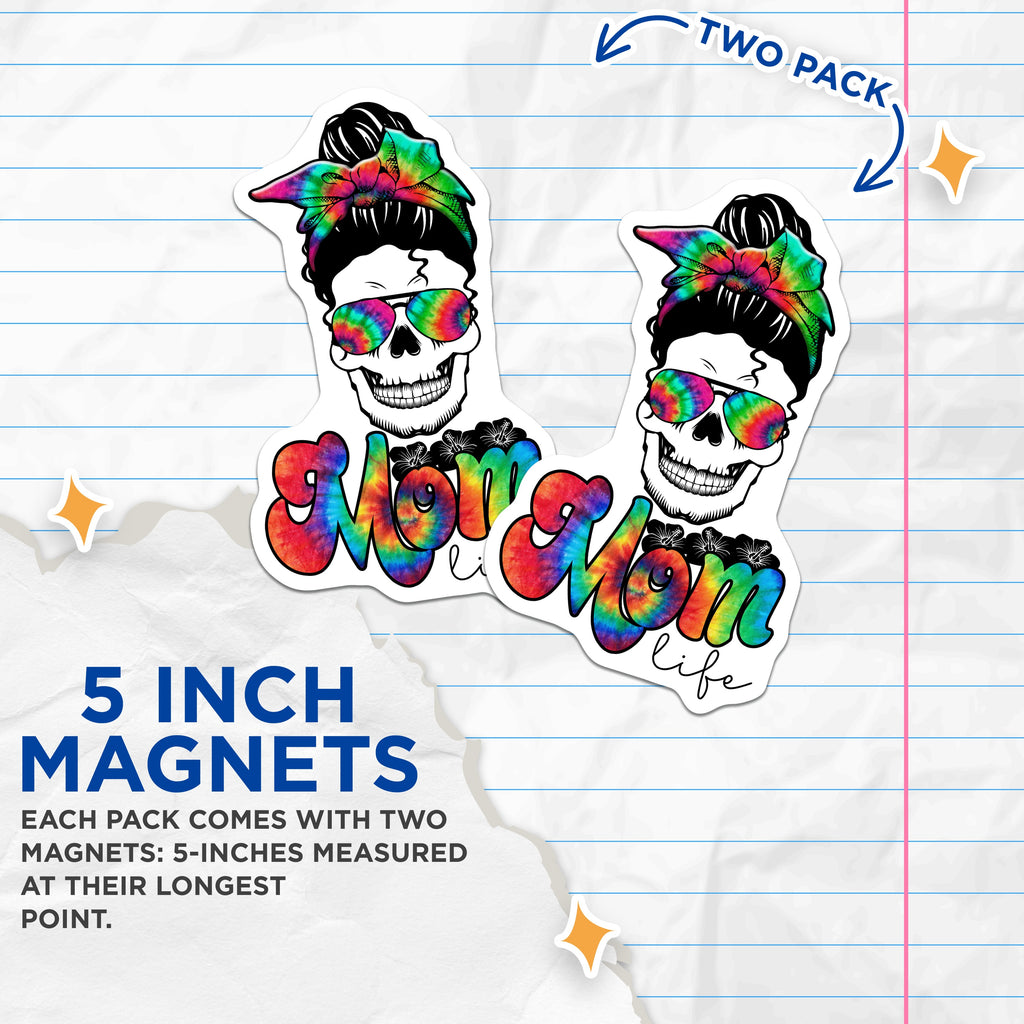 (2 Pack) Mom Life Skull Tie Dye Magnets - Messy Bun Sunglasses Mom Style - Hippie Groovy Funky Decor for Fridge Car Locker - 5 Inches On Longest Side - Thick Durable Magnet - Made in USA - MAG38473