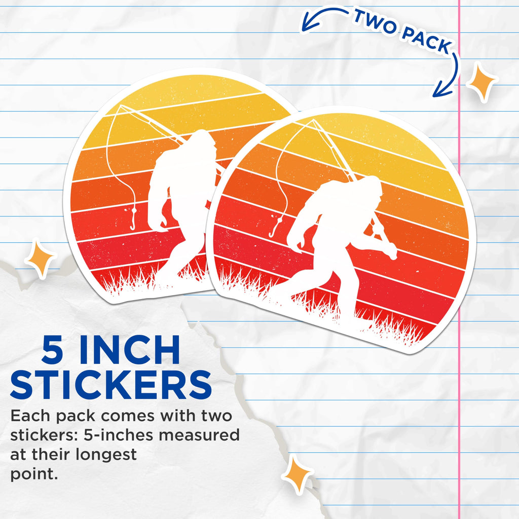 (2 Pack) Bigfoot Fishing Stickers - Sasquatch Sunset Decals - Outdoorsman Laptop Stickers - Retro Yeti Car Stickers - 5" On Longest Side - Sticks to Smooth Flat Surfaces - Made in USA - BMCS4779