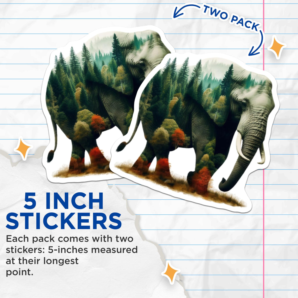 (2 Pack) Elephant Forest Stickers - Nature Lover Sticker - Animal Stickers - 5" On Longest Side - Sticks to Smooth Flat Surfaces - Made in USA - BMCS15015
