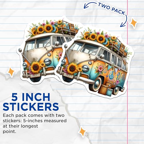 (2 Pack) Vintage Van Stickers - Retro Hippie Van - Flower Power - Travel Adventure Stickers - 5" On Longest Side - Sticks to Smooth Flat Surfaces - Made in USA - BMCS6148