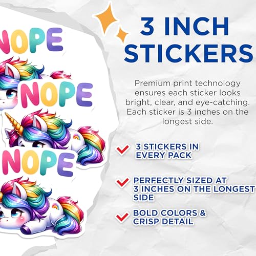 (3 Pack) Nope Unicorn Decals - Lazy Unicorn - Funny Animal Decal - 3 Inches On Longest Side - Easy Peel & Apply - Made in USA - 3MCS6735
