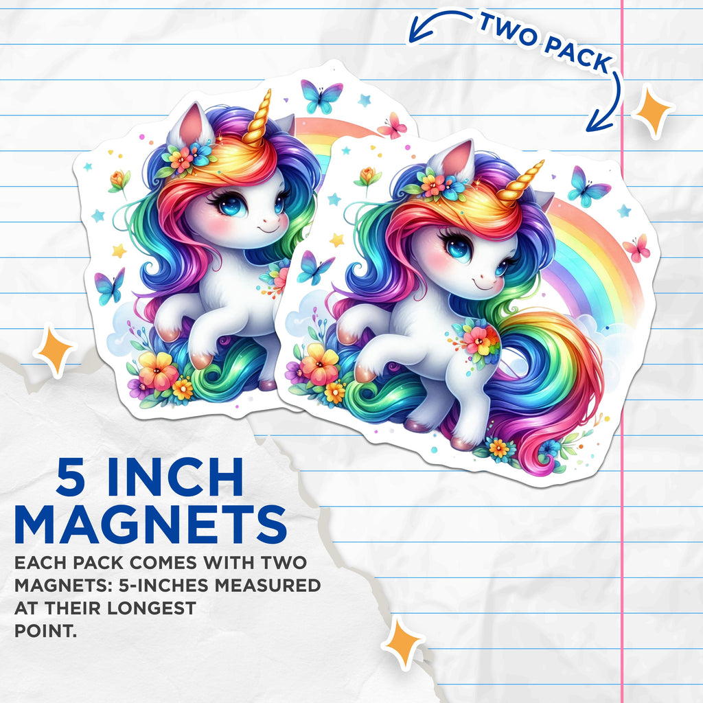 (2 Pack) Cute Rainbow Unicorn Magnets - Magical Fantasy Decor - Kids Room Aesthetic - Fridge Locker Art - 5 Inches On Longest Side - Thick Durable Magnet - Made in USA - MAG36641