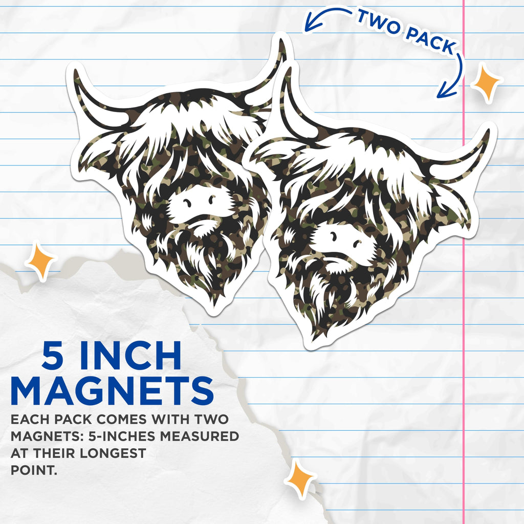 (2 Pack) Highland Cow Magnets - Camo Cattle Design - Farm Animal Fridge Decor - 5" On Longest Side - Premium Magnet - for Cars, Refrigerators, Toolboxes, Lockers - Made in USA - MAG18059