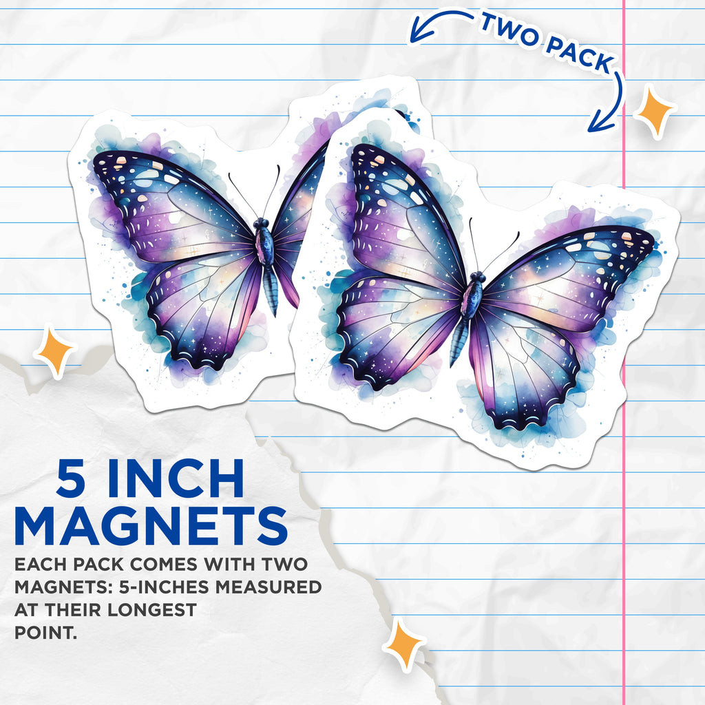 (2 Pack) Galaxy Butterfly Magnets - Watercolor Starry Wings - Aesthetic Fridge Locker Decor - 5 Inches On Longest Side - Thick Durable Magnet - Made in USA - MAG36789