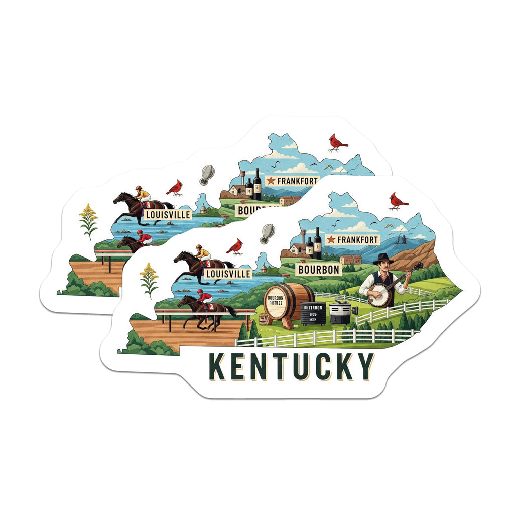 (2 Pack) Kentucky State Stickers - Bourbon Horse Racing - Landmarks Souvenir - 5" On Longest Side - Sticks to Smooth Flat Surfaces - Made in USA - BMCS17969