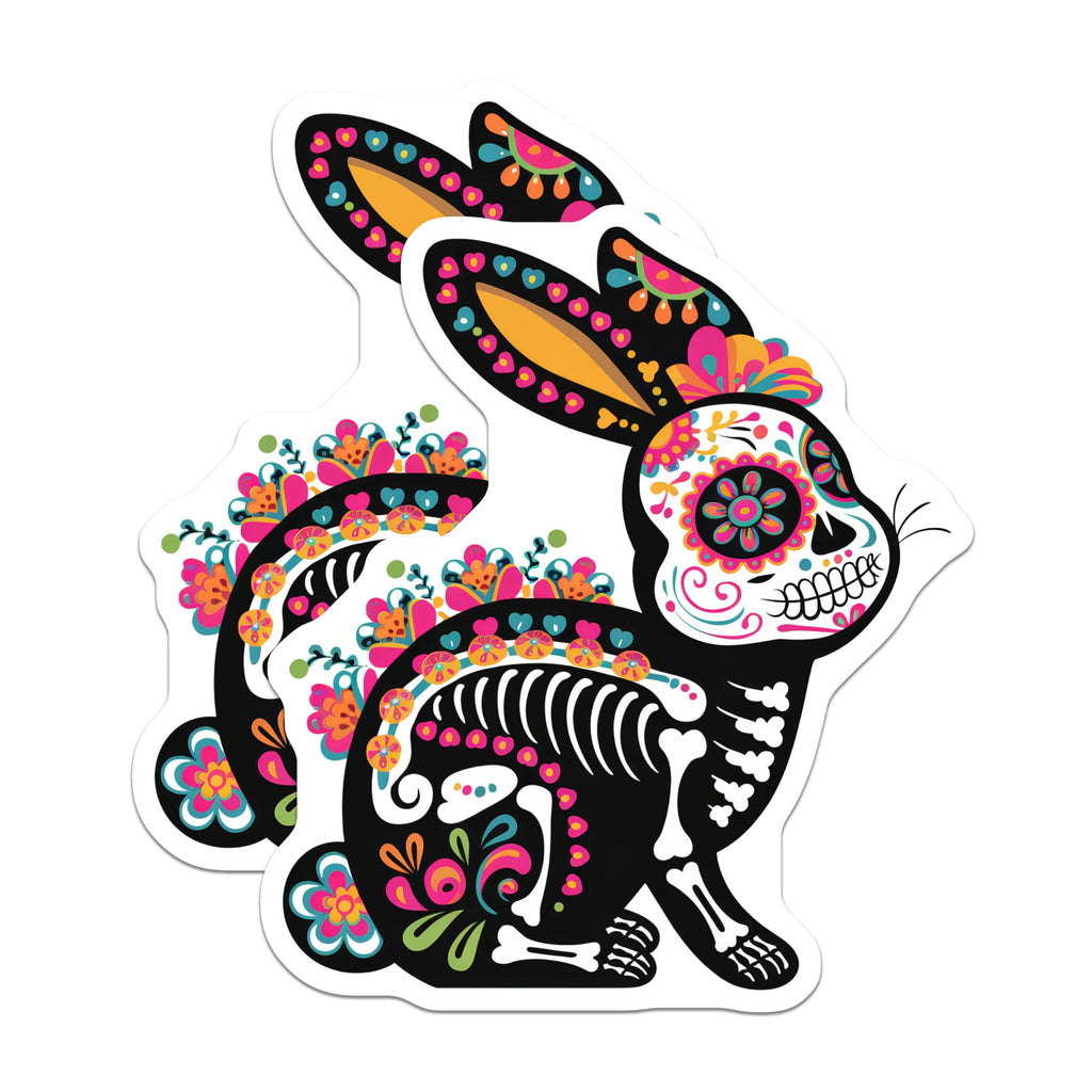 (2 Pack) Day of The Dead Bunny Stickers - Sugar Skull Rabbit Decoration - Dia de Los Muertos Art - 5" On Longest Side - Sticks to Smooth Flat Surfaces - Made in USA - BMCS9466