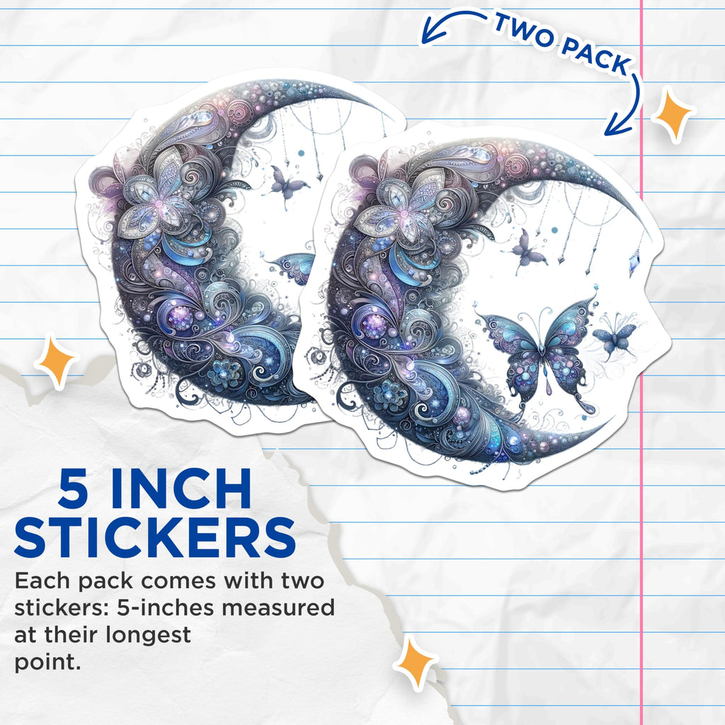 (2 Pack) Crescent Moon Stickers - Butterfly Stickers - Celestial Stickers - 5" On Longest Side - Sticks to Smooth Flat Surfaces - Made in USA - BMCS14611