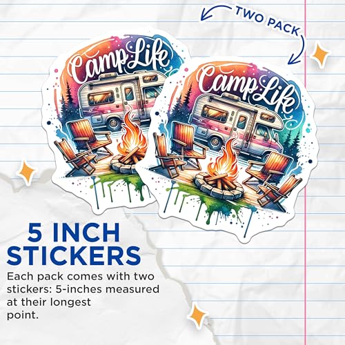 (2 Pack) Camp Life Stickers - Camping Adventure - Outdoor Fun - 5" On Longest Side - Sticks to Smooth Flat Surfaces - Made in USA - BMCS7183
