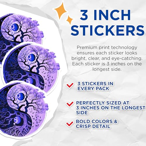 (3 Pack) Yin Yang Tree Decals - Balance Art Stickers - Celestial Laptop Decals - 3 Inches On Longest Side - Easy Peel & Apply - Made in USA - 3MCS2345