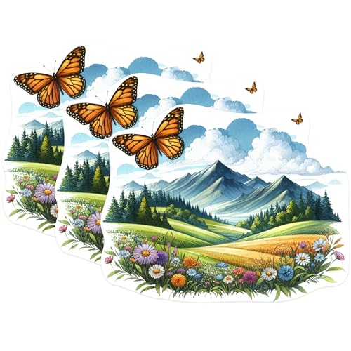(3 Pack) Butterfly Landscape Decals - Mountain Meadow Stickers - Floral Field Decals - 3 Inches On Longest Side - Easy Peel & Apply - Made in USA - 3MCS1161