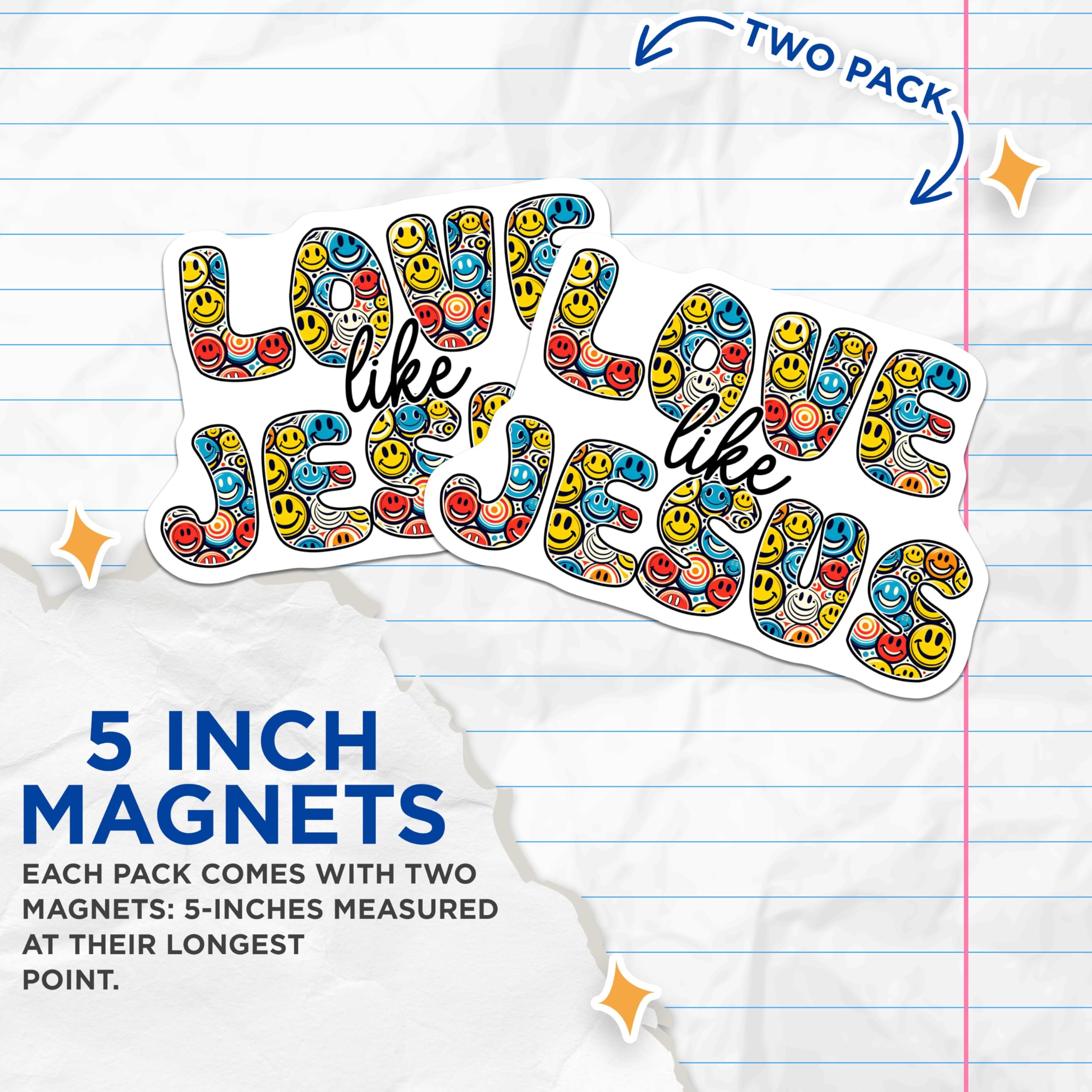 (2 Pack) Inspirational Love Like Jesus Magnets - Smiley Face Magnets - Christian Quotes Magnets for Home Decor - 5" On Longest Side - for Cars, Refrigerators, Toolboxes, Lockers - Made In USA BMCS3117