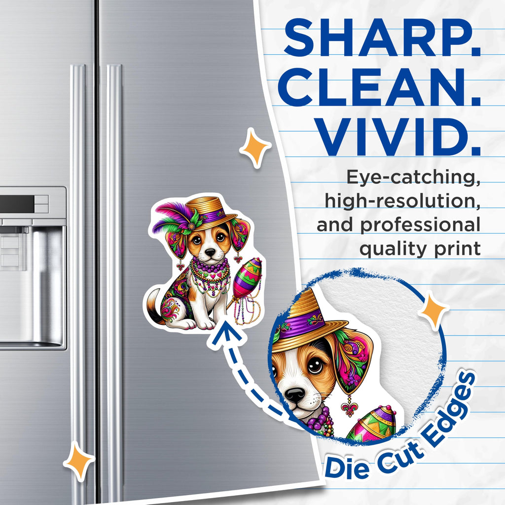(2 Pack) Mardi Gras Puppy Magnets - Party Beagle - Decorative Dog Magnets - 5" On Longest Side - Premium Magnet - for Cars, Refrigerators, Toolboxes, Lockers - Made in USA - MAG16291