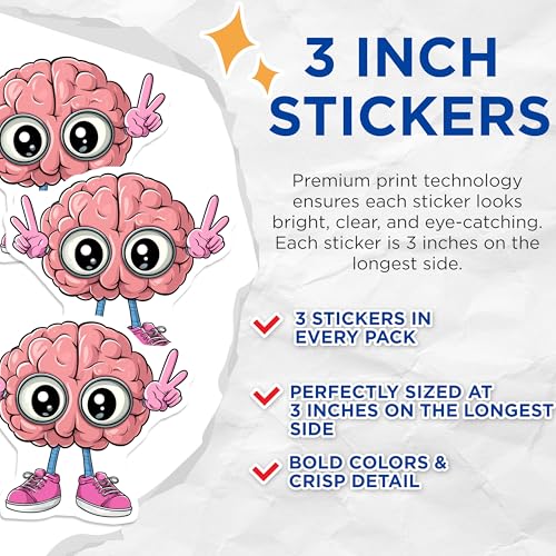 (3 Pack) Brain with Shoes Decals - Funny Cartoon Brain - Laptop Decals- 3 Inches On Longest Side - Easy Peel & Apply - Made in USA - 3MCS5650