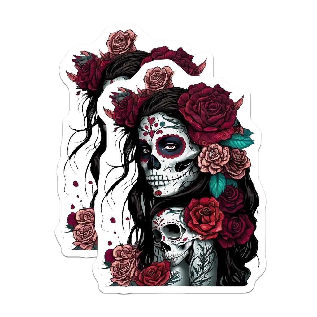 (2 Pack) Sugar Skull Stickers - Day of The Dead Art - Skull and Roses Decals - 5" On Longest Side - Sticks to Smooth Flat Surfaces - Made in USA - BMCS9205 - BMCS9205