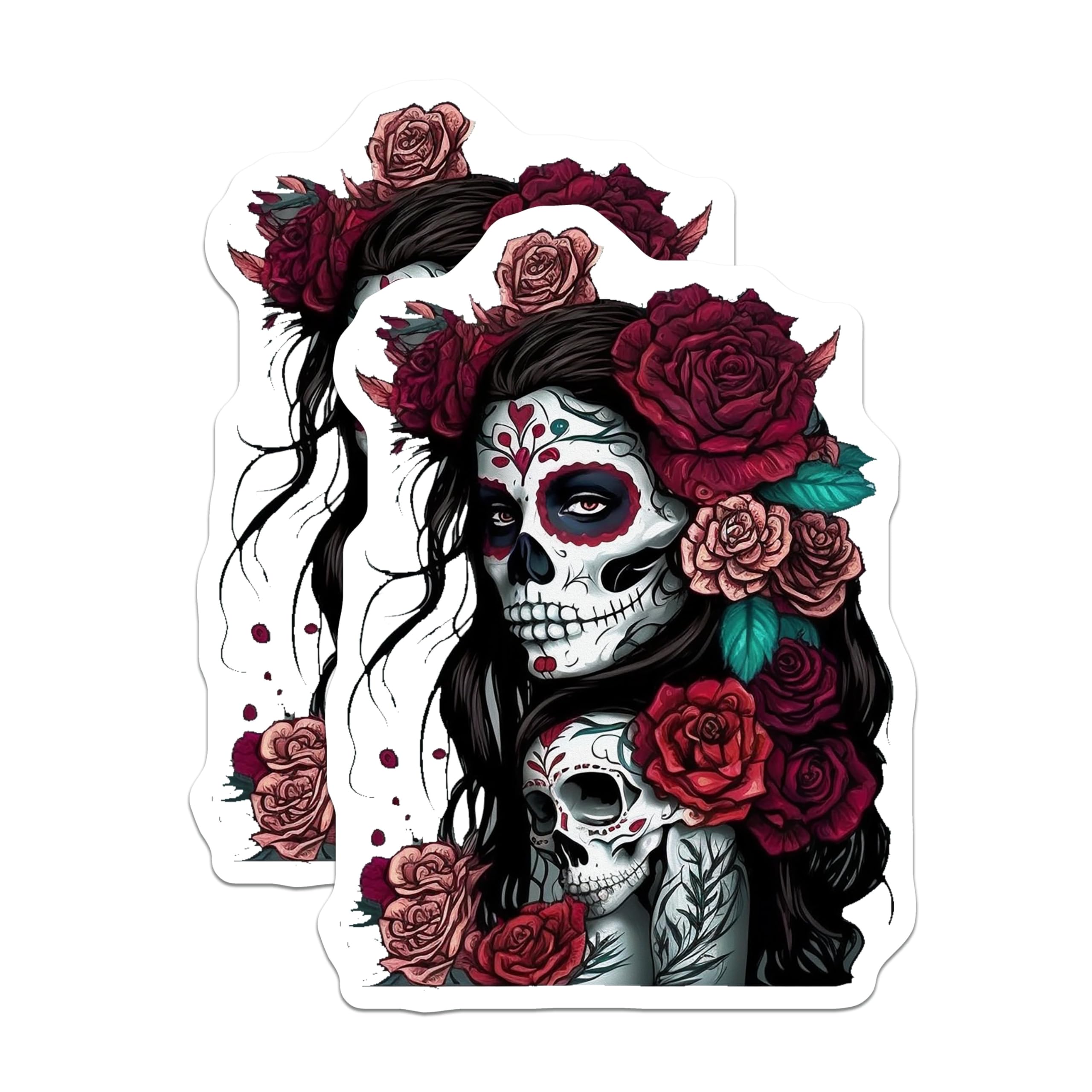 (2 Pack) Sugar Skull Stickers - Day of The Dead Art - Skull and Roses Decals - 5" On Longest Side - Sticks to Smooth Flat Surfaces - Made in USA - BMCS9205 - BMCS9205