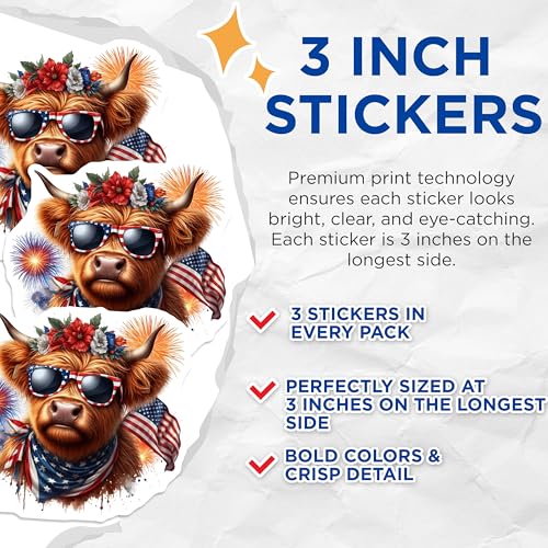 (3 Pack) Highland Cow Decals - Patriotic Cow - American Flag Sunglasses- 3 Inches On Longest Side - Easy Peel & Apply - Made in USA - 3MCS5131