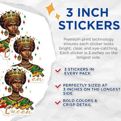 (3 Pack) Black Queen Decals - African Queen - Laptop Decals - 3 Inches On Longest Side - Easy Peel & Apply - Made in USA - 3MCS6620