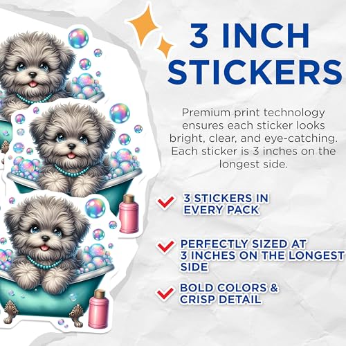 (3 Pack) Cute Puppy Decals - Bath Time Fun - Bubble Dog Stickers - 3 Inches On Longest Side - Easy Peel & Apply - Made in USA - 3MCS8189