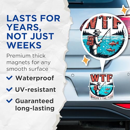 (2 Pack) WTF Where's The Fish Magnets - Funny Fishing Quote Magnets - Humorous Angler Magnets for Fish Lovers- 5" On Longest Side - for Fridges, Toolboxes, Cars - Made in USA - MAG2614