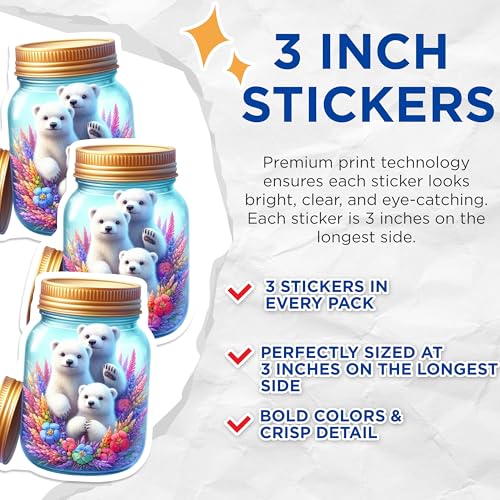 (3 Pack) Polar Bear Jar Decals - Cute Bear Art - Laptop Decals - 3 Inches On Longest Side - Easy Peel & Apply - Made in USA - 3MCS8143