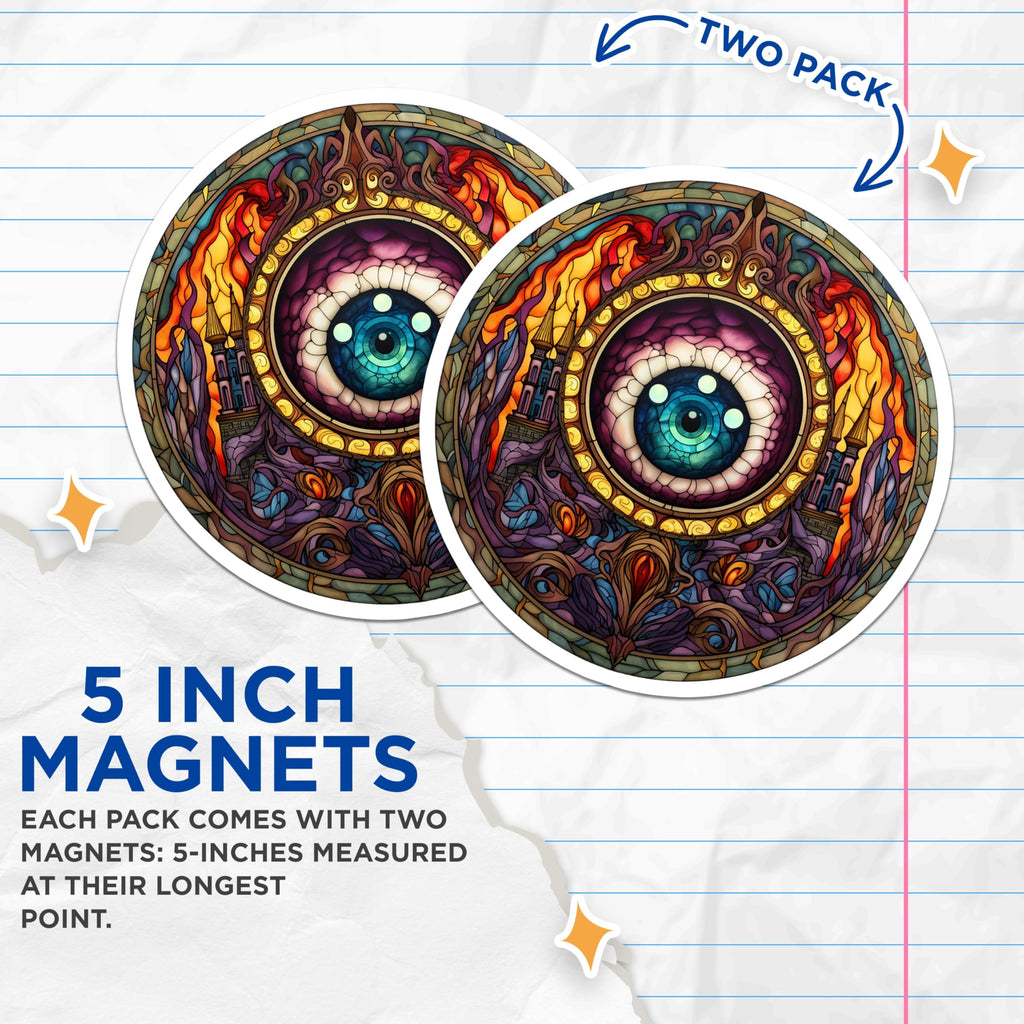 (2 Pack) Gothic Eye Magnets - Stained Glass Mandala Art - Ethereal Fantasy Design - Magical Castle Decor - 5 Inches On Longest Side - Thick Durable Magnet - Made in USA - MAG21709