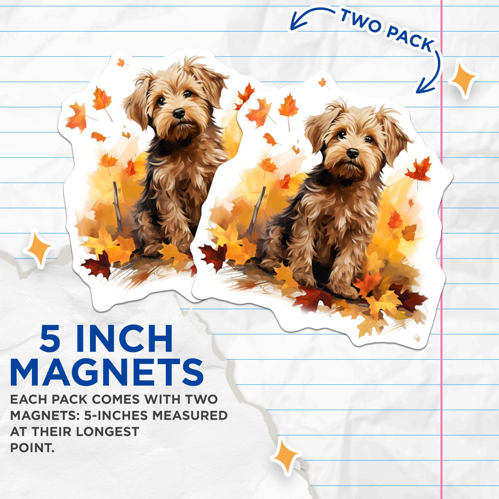(2 Pack) Cute Terrier Puppy Magnets - Autumn Leaves Seasonal Decor - Pet Lover Refrigerator Accent - 5 Inches On Longest Side - Thick Durable Magnet - Made in USA - MAG24434