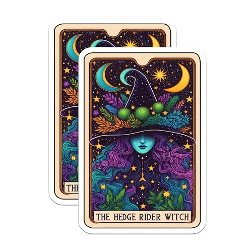 (2 Pack) The Hedge Rider Witch Stickers - Magical Witch Art Stickers - Fantasy Celestial Witch Stickers - 5" On Longest Side - Sticks to Smooth Flat Surfaces - Made in USA - BMCS5428