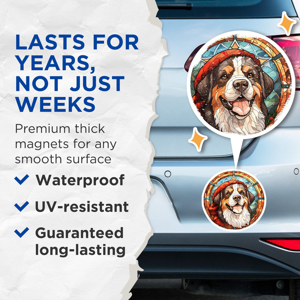 (2 Pack) Bernese Mountain Dog Magnets - Stained Glass Berner Art - Winter Holiday Dog Decor - Christmas Animal Accent - 5 Inches On Longest Side - Thick Durable Magnet - Made in USA - MAG23908