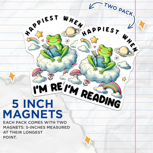 (2 Pack) Frog Reading Magnets - Cute Frog - Reading Enthusiast Magnets - 5" On Longest Side - for Cars, Fridges, Toolboxes - Made in USA - MAG3720