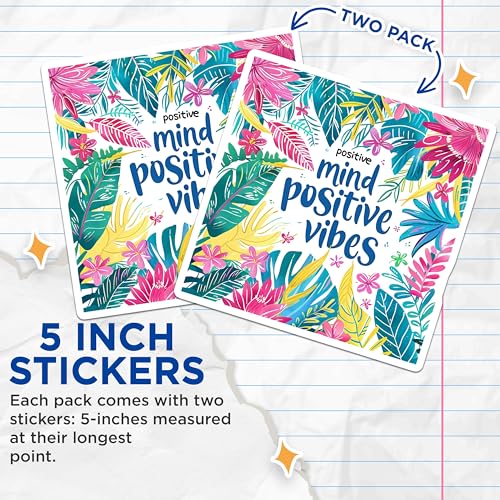 (2 Pack) Mind Positive Vibes Stickers - Inspirational Quotes - Motivational Affirmations - Colorful Flower Designs - 5" On Longest Side - Sticks to Smooth Flat Surfaces - Made in USA - BMCS4315
