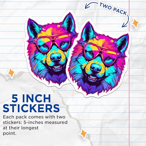 (2 Pack) Colorful Wolf Stickers - Cool Animal Art - Vibrant Wolf Decal - Unique Graphic Sticker - 5" On Longest Side - Sticks to Smooth Flat Surfaces - Made in USA - BMCS7242