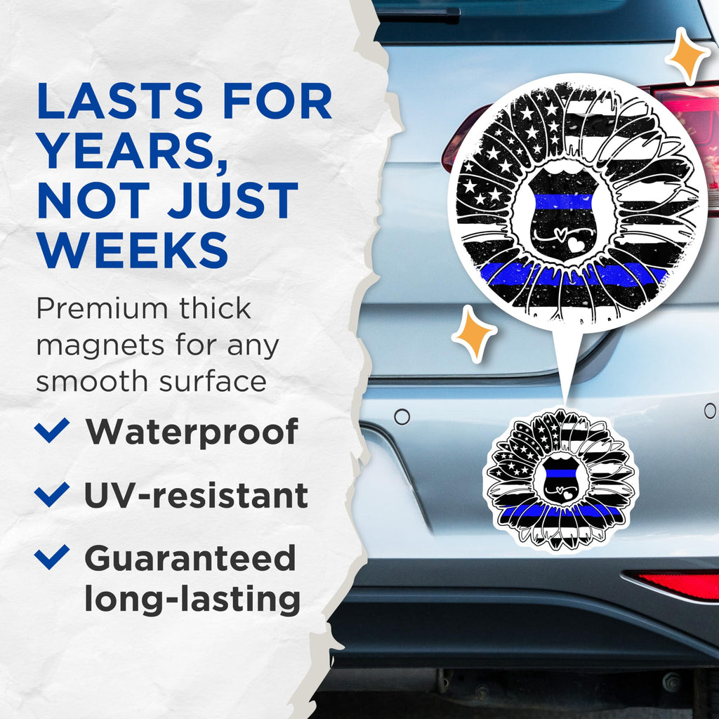(2 Pack) Thin Blue Line Sunflower Magnets - American Flag Police Badge - Patriotic Law Enforcement Support Decor - 5 Inches On Longest Side - Thick Durable Magnet - Made in USA - MAG21613