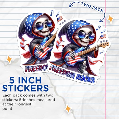 (2 Pack) Freedom Rocks Stickers - Patriotic Skeleton Playing Electric Guitar - USA Flag Theme - 5" On Longest Side - Sticks to Smooth Flat Surfaces - Made in USA - BMCS7918