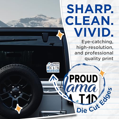 (2 Pack) Proud Mama of A T1D Warrior Stickers - Diabetes Awareness Stickers - Type 1 Diabetes Warrior Stickers - 5" On Longest Side - Sticks to Smooth Flat Surfaces - Made in USA - BMCS3822