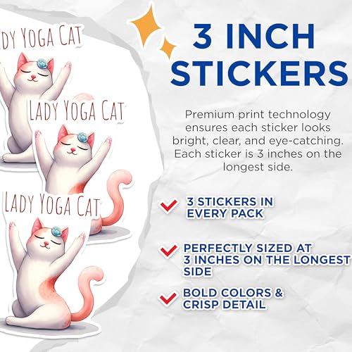(3 Pack) Lady Yoga Cat Decals - Cat Yoga - Yoga Decals - 3 Inches On Longest Side - Easy Peel & Apply - Made in USA - 3MCS1299