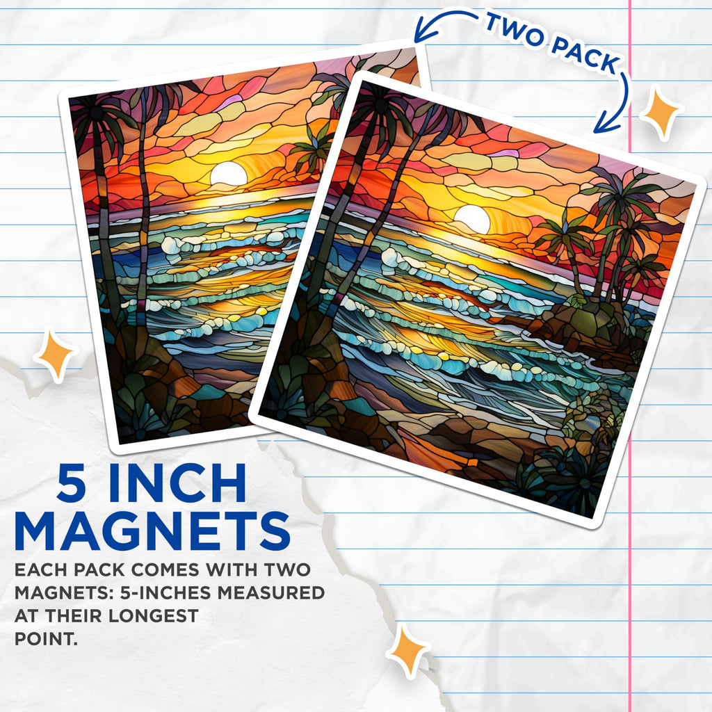 (2 Pack) Stained Glass Ocean Magnets - Tropical Sunset Coastal Decor - Beach Scene Fridge Magnets - 5 Inches On Longest Side - Thick Durable Magnet - Made in USA - MAG28800