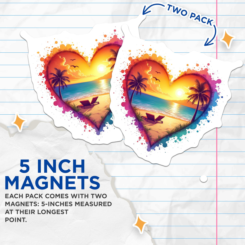 (2 Pack) Tropical Beach Sunset Magnets - Heart Shaped Coastal Decor Magnets - Vacation Lover Refrigerator Art - 5 Inches On Longest Side - Thick Durable Magnet - Made in USA - MAG26112