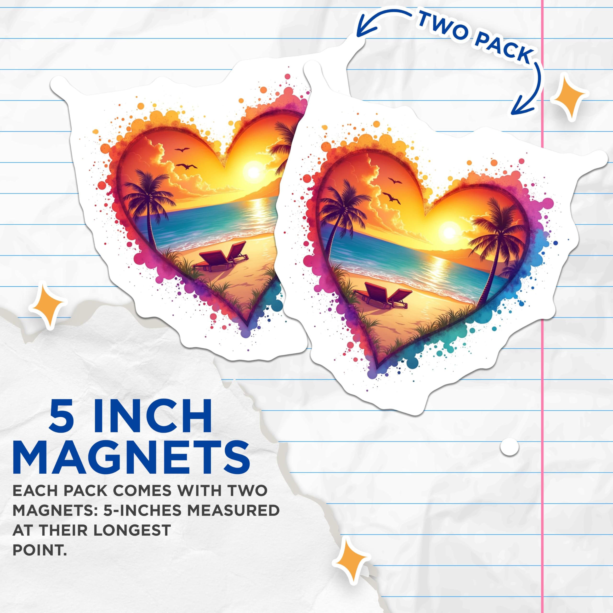 (2 Pack) Tropical Beach Sunset Magnets - Heart Shaped Coastal Decor Magnets - Vacation Lover Refrigerator Art - 5 Inches On Longest Side - Thick Durable Magnet - Made in USA - MAG26112