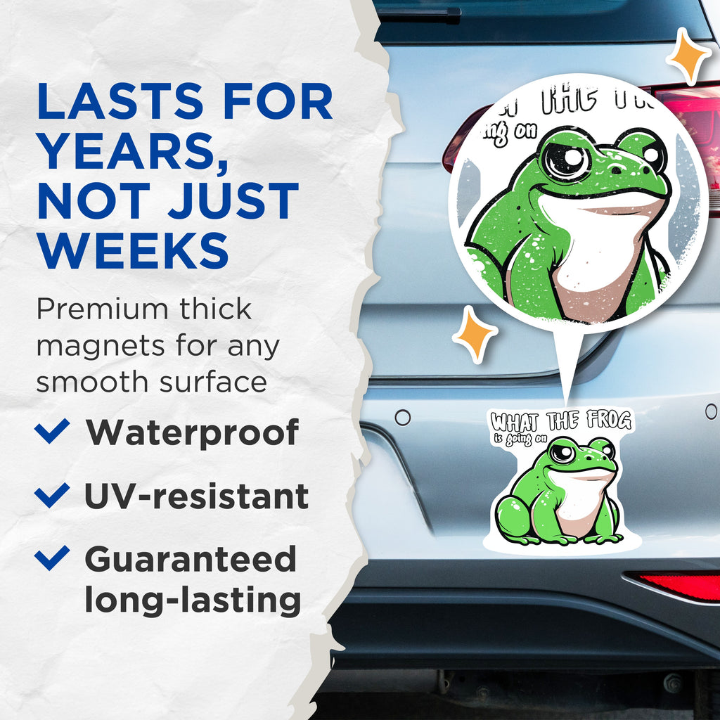 (2 Pack) Funny Frog Magnets - What The Frog Quote - Humorous Animal Decor - Quirky Refrigerator Art - 5 Inches On Longest Side - Thick Durable Magnet - Made in USA - MAG38239
