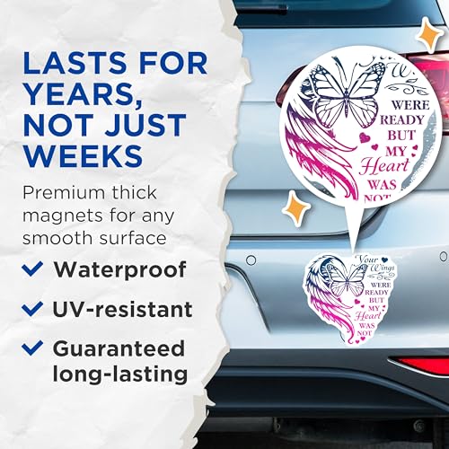 (2 Pack) Your Wings were Ready Magnets - Heart Shaped Butterfly Magnet - Memorial Quote Magnet - 5" On Longest Side - for Cars, Fridges, Toolboxes - Made in USA - MAG3714