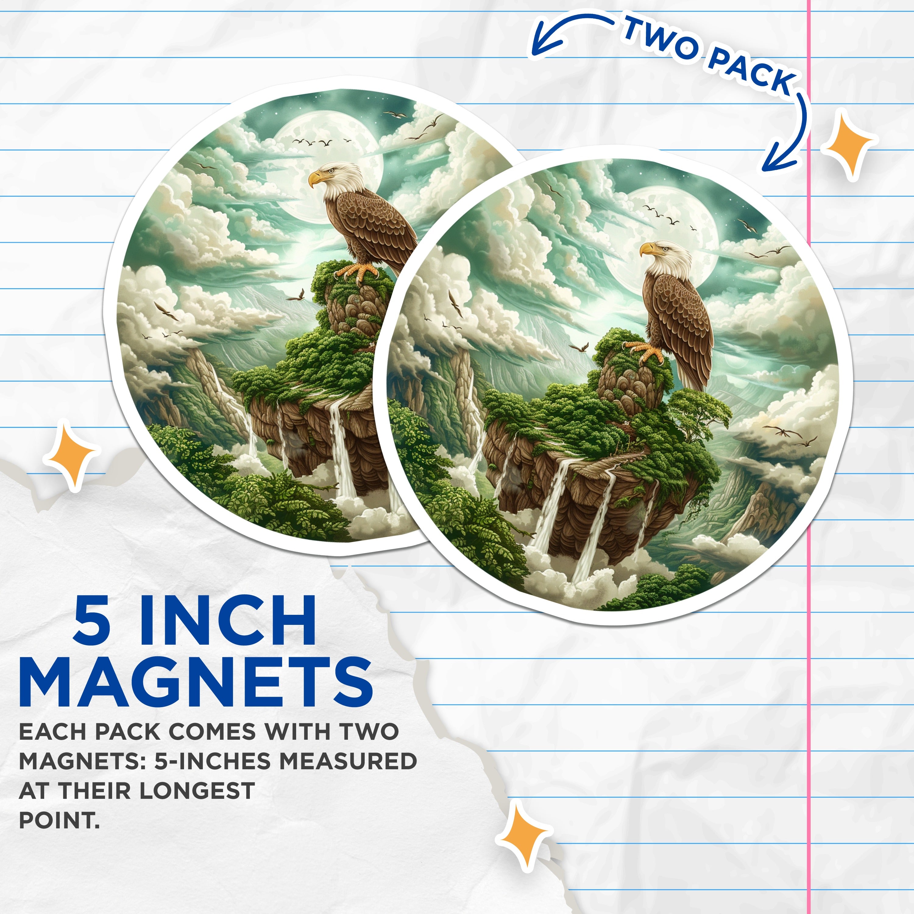 (2 Pack) Bald Eagle Magnets - Fantasy Landscape Decor - Patriotic Wildlife Fridge Magnet Art - 5 Inches On Longest Side - Thick Durable Magnet - Made in USA - MAG37429