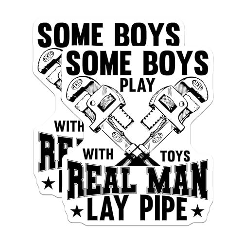 (2 Pack) Funny Real Man Lay Pipe Stickers - Boys Play with Toys Decal - Plumber Humor Stickers - 5" On Longest Side - Sticks to Smooth Flat Surfaces - Made in USA - BMCS5258