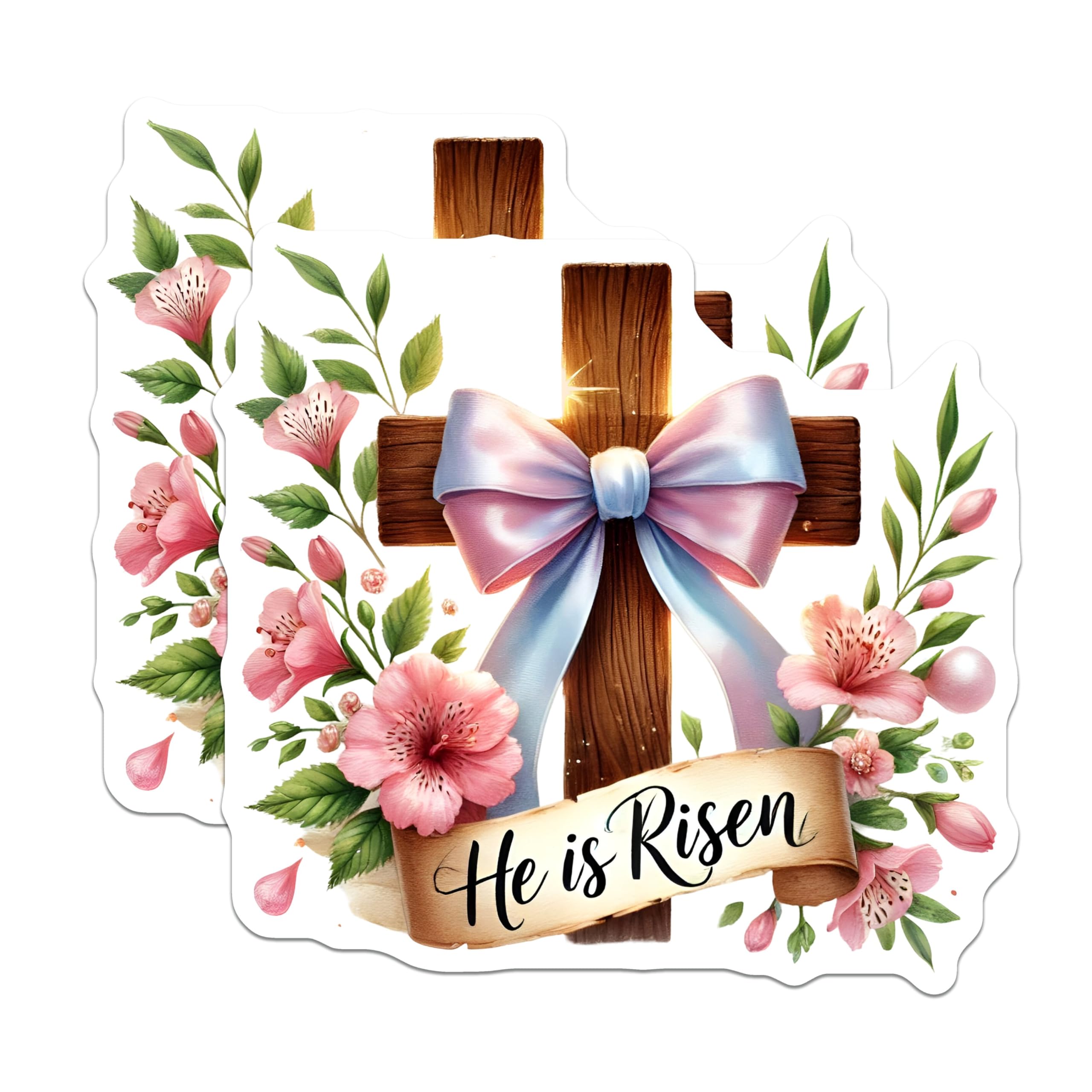 (2 Pack) He is Risen Stickers - Christian Easter Quote - Floral Religious Decal - 5" On Longest Side - Sticks to Smooth Flat Surfaces - Made in USA - BMCS8755