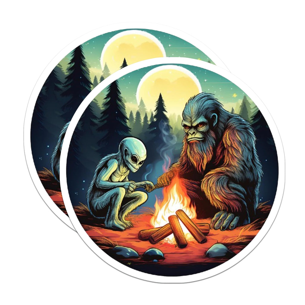 (2 Pack) Bigfoot Alien Campfire Magnets - Sasquatch Extraterrestrial Decor - Cryptid Sci-Fi Art Piece - 5 Inches On Longest Side - Thick Durable Magnet - Made in USA - MAG22269