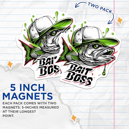 (2 Pack) Bait Boss Magnets - Fishing Enthusiast Magnets - Fisherman Meme Magnets - Outdoor Hobby Magnets - 5" On Longest Side - for Cars, Refrigerators, Toolboxes, Lockers - Made in USA BMCS3354