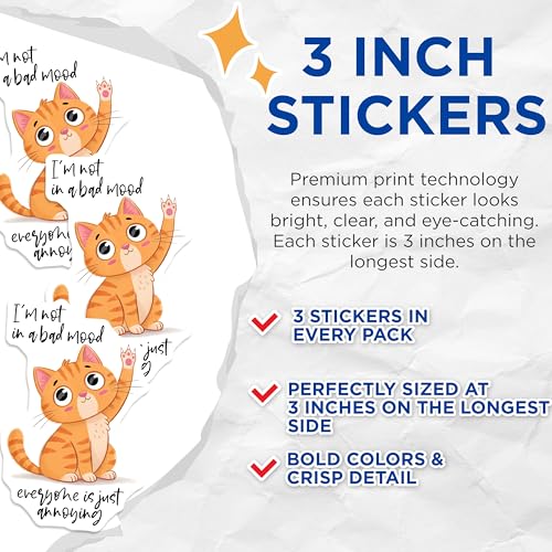 (3 Pack) Annoyed Cat Decals - Grumpy Kitten - Sarcastic Kitty Stickers - 3 Inches On Longest Side - Easy Peel & Apply - Made in USA - 3MCS2100
