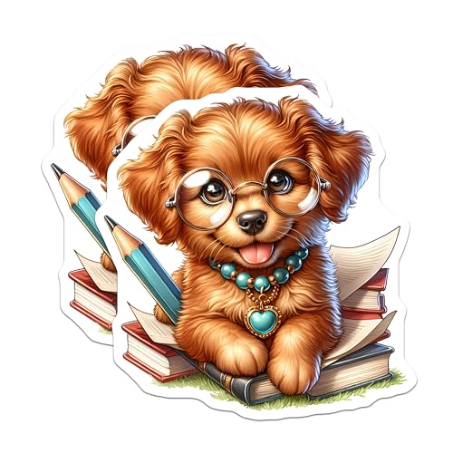 (2 Pack) Cute Puppy Stickers - Adorable Dog Reading - Puppy with Books and Glasses - 5" On Longest Side - Sticks to Smooth Flat Surfaces - Made in USA - BMCS9393